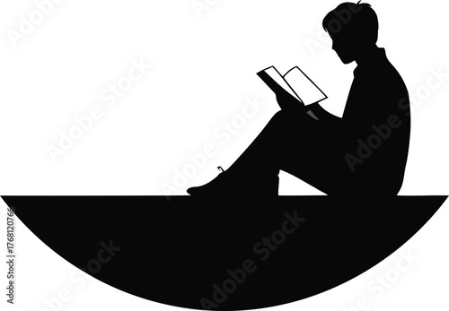 Silhouette of a man sitting outdoors reading a book suitable for banners and advertisements