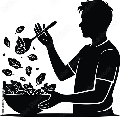 Man enthusiastically tossing a vibrant fresh green salad with colorful ingredients for a healthy meal advertisement