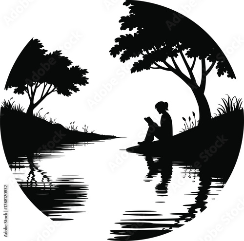 Serene riverside scene with a person reading amidst nature and a beautiful sunset silhouette