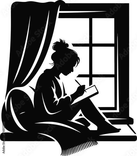 Cozy illustration of a woman drawing at a window creating a warm and inviting atmosphere