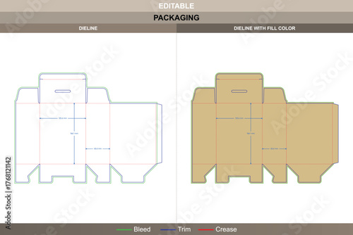 Tuck end box with hanging dieline created in vector layout professional printing workflow and reinforced packaging panels with accurate die line cuts for display or retail hanging