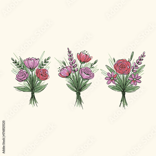 Sketch Crayon Style Flower Art Poster Collection, Hand Drawn Colorful Floral Elements in Ink, Charcoal, Pencil, or Chalk Style, Modern Simple Vector Illustration Set