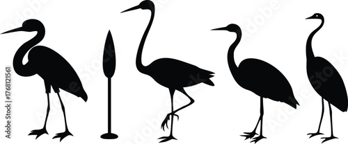 collection of heron icons showcases the birds in various activities such as flying, fishing, and resting silhouettes vector