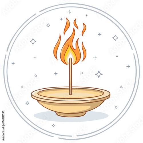 Burning Incense Stick in a Simple Dish with Decorative Flames and Stars