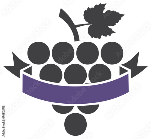 Grape bunch icon with a vine leaf and blank purple ribbon for a winery or vineyard logo