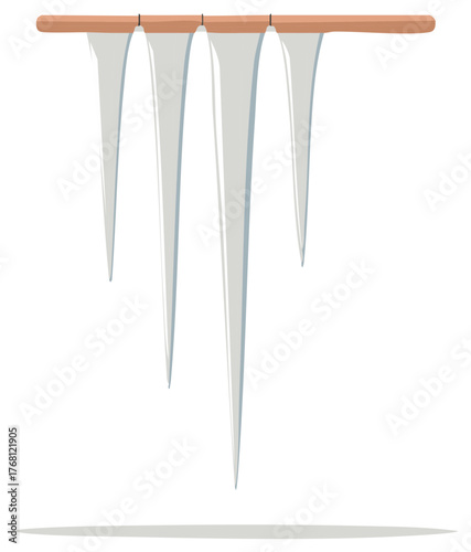 Icicles hanging from wooden beam, vector illustration, cold winter season concept