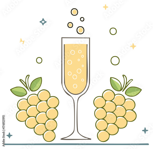 Festive celebration concept showing grapes and flute of champagne bubbles with decorative sparkles, conveying joy and luxury in simple style.