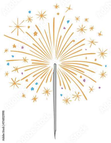 Hand-drawn illustration of a sparkler with golden bursts and confetti, isolated on white.