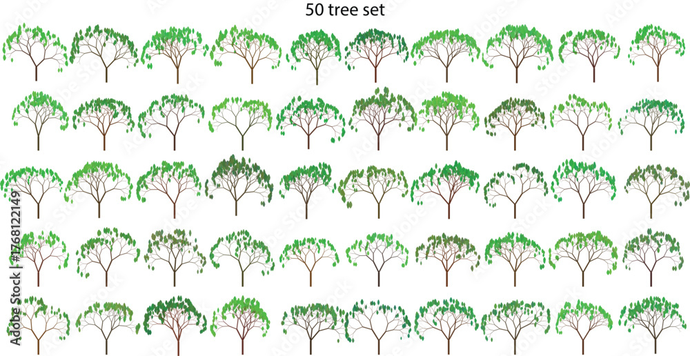 Fototapeta premium tree vector set illustration with green grass, leaves, and flower decoration