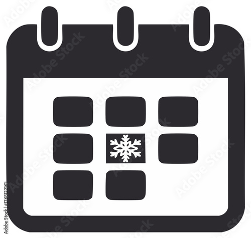 Black and white calendar icon featuring a winter snowflake illustration for winter holiday or winter schedule theme