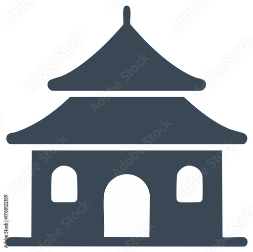 Minimalist traditional East Asian temple or pagoda building icon featuring a distinctive tiered roof design