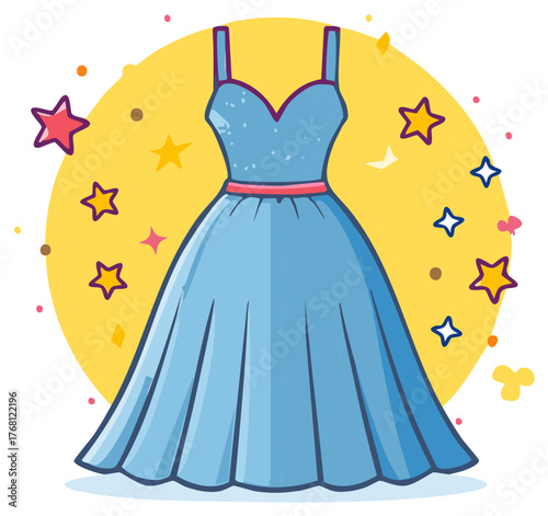 Cartoon illustration of blue party dress, yellow background with stars and confetti