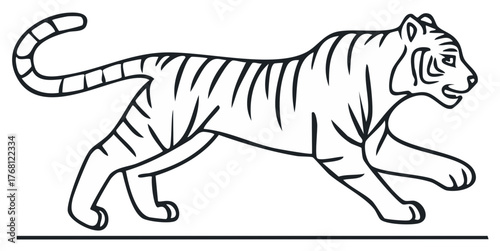 Bold outlined illustration of a tiger, striped large feline moving with purpose, graphic image, black stripes.