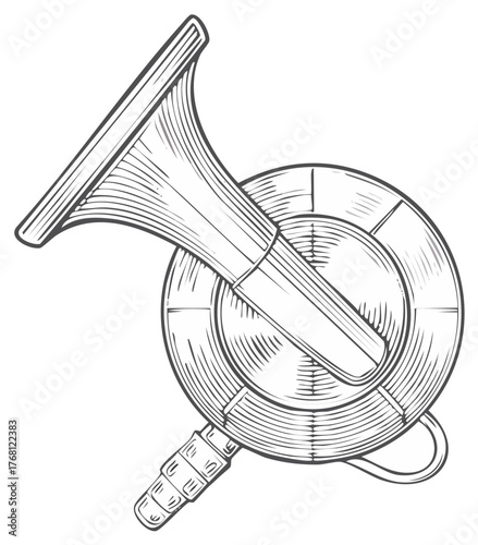 Vintage French horn line art illustration, musical instrument detail