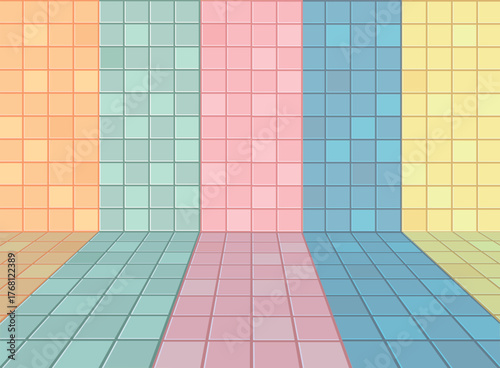 Colored tiles light tile vector. A room with a yellow lemon cafe. A bathroom perspective. Yellow, green, blue, pink square cartoon tiles. Ceramic tiles floor and walls. Mosaic in the pool.