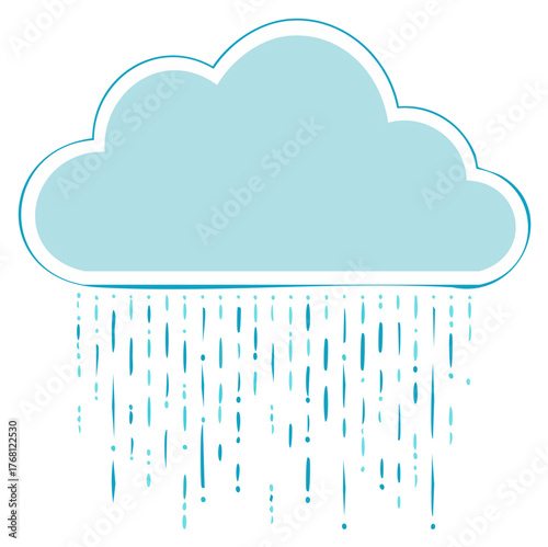 Stylized Light Blue Cloud with Raindrops Falling in a Doodled Style Weather Illustration