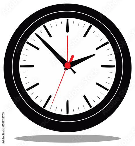 Classic analog wall clock with black frame white face and red second hand indicating time