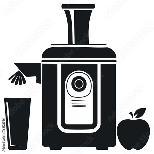 Silhouette of juicer, apple, and glass filled with fresh juice. Preparing juice from fruits for a healthy diet.