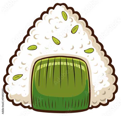 Triangular Japanese Onigiri Rice Ball with seaweed and decorative elements, cartoon style.