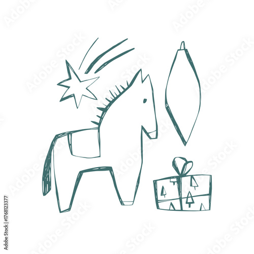 Scandi christmas horse with star ornament and gift in nordic folk minimal style for festive decor and holiday design