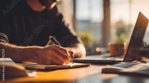 Person uses a fountain pen to write notes in a journal beside a computer near a window during golden hour