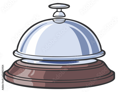 Cartoon illustration of a service bell with wooden base for hotel reception