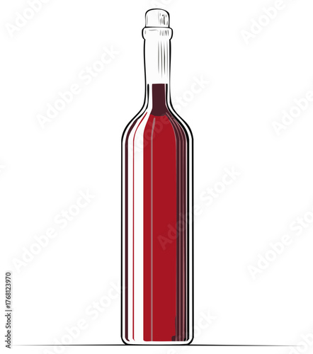 Tall glass bottle filled with dark red liquid and capped isolated on white