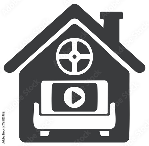 Home Entertainment System Vector Concept with Play Button on Screen and Cozy Couch