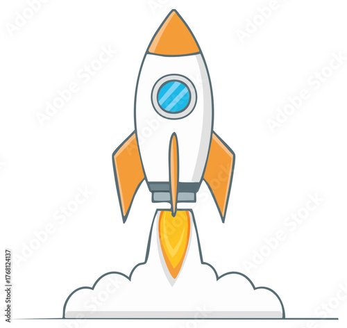 Cartoon Rocket Ship Launching Upward with Orange Fins and White Smoke Trail