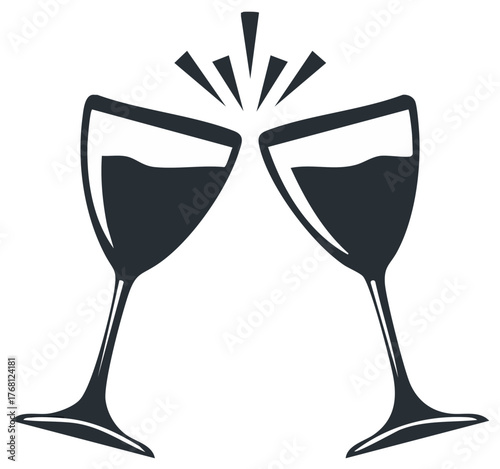 Two wine glasses clinking together, graphic of celebratory toast, vector illustration.