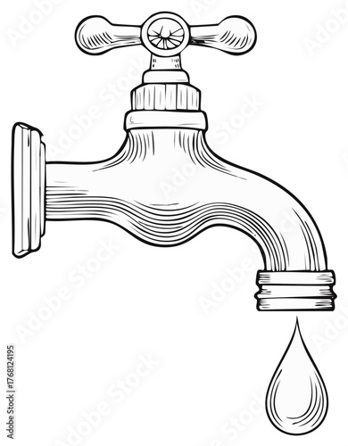 Dripping Faucet Illustration: Vintage Tap with Water Drop Outline for Plumbing & Conservation Themes