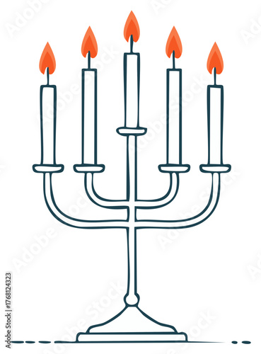 Illustrated candelabra with burning candles, graphic hand drawn style, religious holiday.