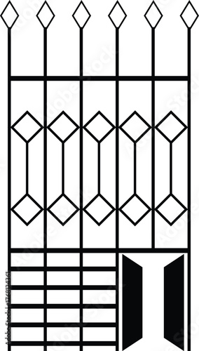 Black geometric metal fence with diamond and rectangular elements Keywords: fence, gate, metal