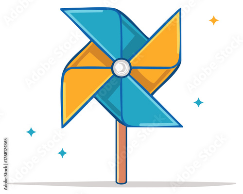 Cartoon pinwheel in blue and yellow with stars