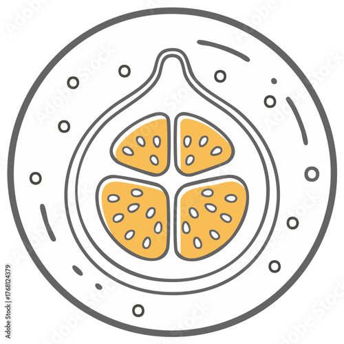 Modern stylized fruit cross section icon with segmented yellow flesh and numerous tiny seeds