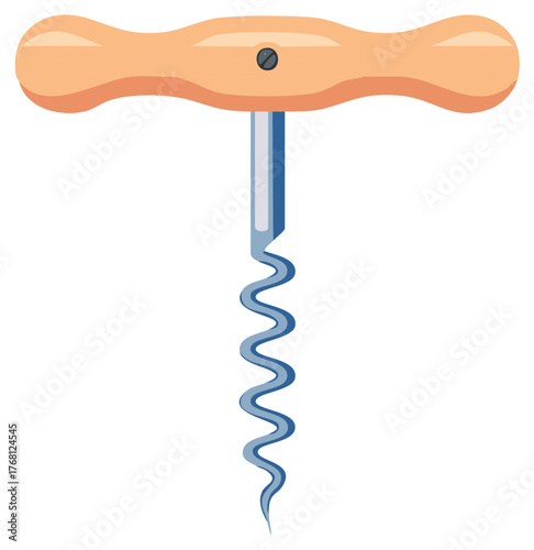 Classic wooden handle corkscrew with a blue metal spiral worm for opening wine bottles