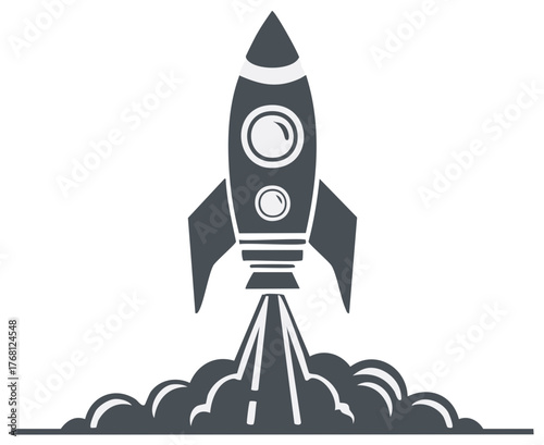 Stylized rocket launching upward with smoke illustration for space travel and innovation concepts
