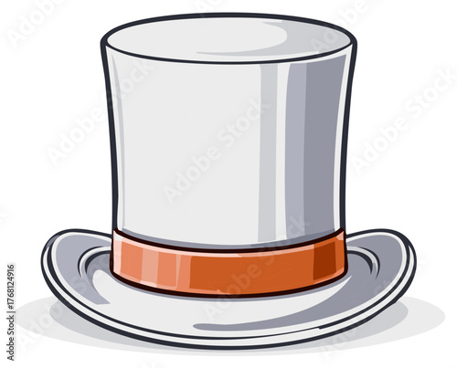 White top hat with orange band illustration, vintage style headwear for magicians or steampunk enthusiasts, cartoon design