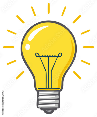 Cartoon illustration of a bright and glowing lightbulb on white background