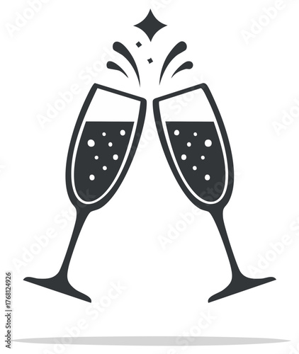 Graphic Icon of Champagne Flutes Toasting with Bubbles and Sparkles for Celebration