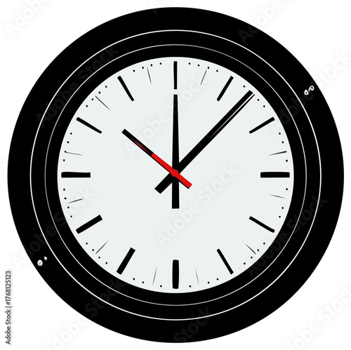 Simple black and white wall clock with red second hand vector illustration