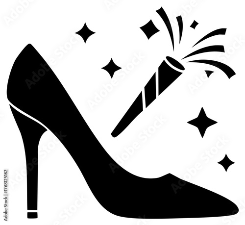 Black high heel shoe with confetti popper and stars celebration