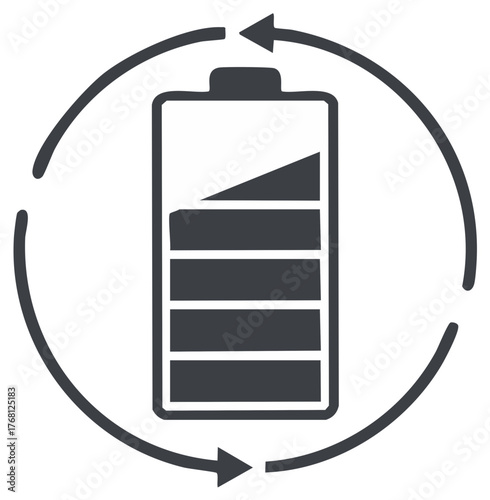 Battery power icon with arrows indicating energy recharge and sustainable cycle concept