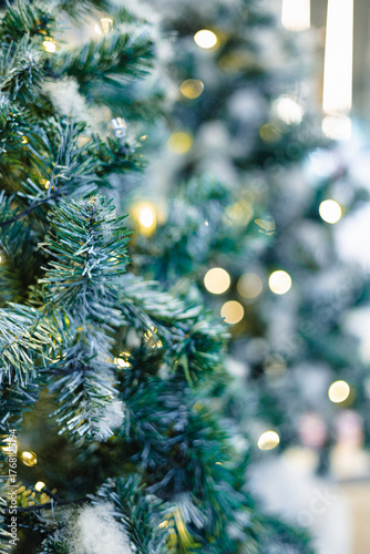 Photography Christmas green tree leaf with bokeh of night light xmas season