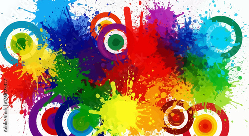 Vibrant explosion of circular forms and vivid color sprays conveying dynamic movement