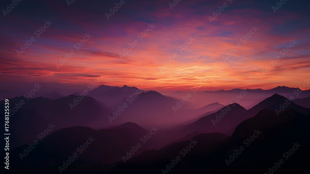 Naklejka premium Layered mountain silhouettes glow under a dramatic twilight sky.