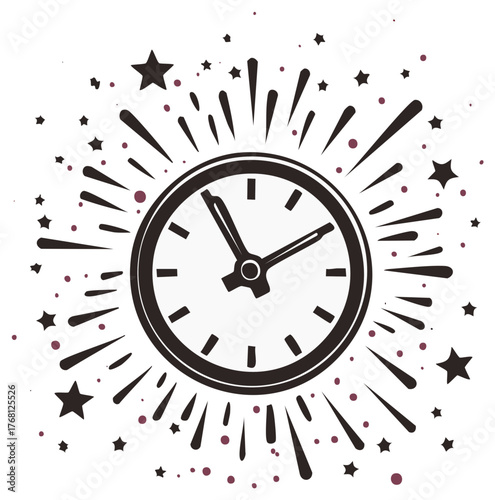 Clock design with stars and bursts for time-related concept