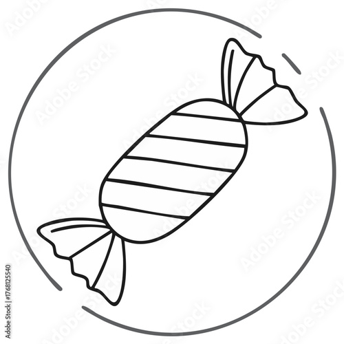 Isolated outline style illustration of wrapped candy in circle, single lollipop icon, sweet food with ribbons, confection