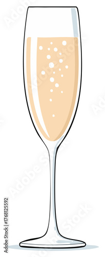 Cartoon style champagne flute with sparkling bubbly drink for celebration illustration
