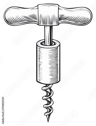 Vintage style illustration of a wine corkscrew black and white